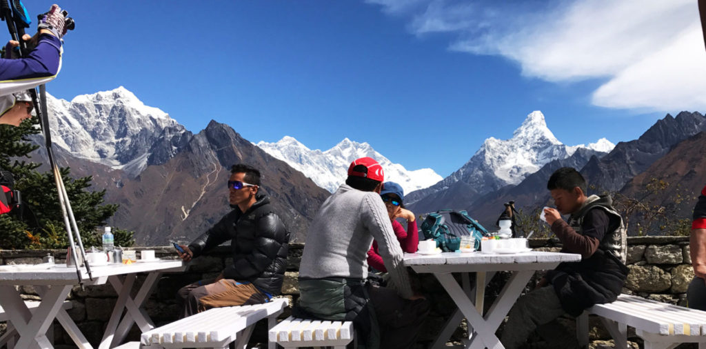 Trekkers enjoying mountain view from Everest Hotel