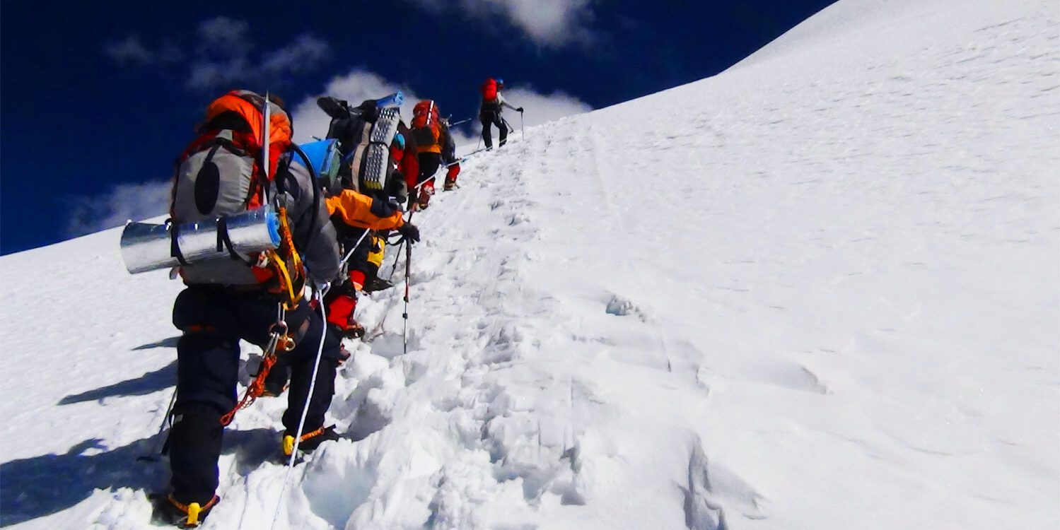 Climbers are on the way to Island Peak summit
