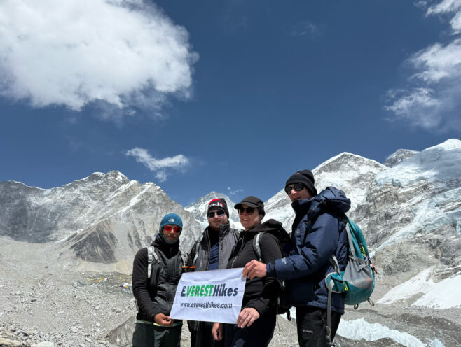 Everest Hikes Group taking a group photo in Everest Base Camp - EBC Trek