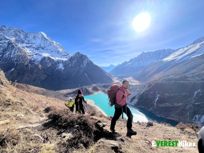 Manaslu Circuit Trek - 15 Days 2 Spanish traveler trekking the Manaslu Circuit Trek with stunning mountain views in Nepal