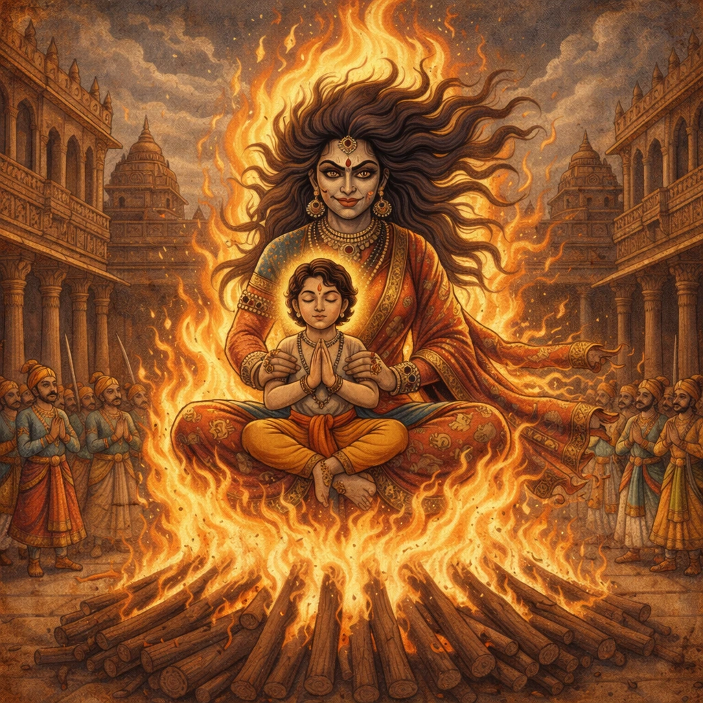 Prahlad praying to Lord Vishnu while Holika burns in flames