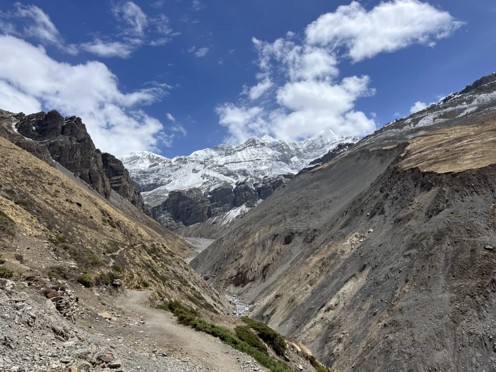 Annapurna Circuit trail with snow-capped Himalayan peaks