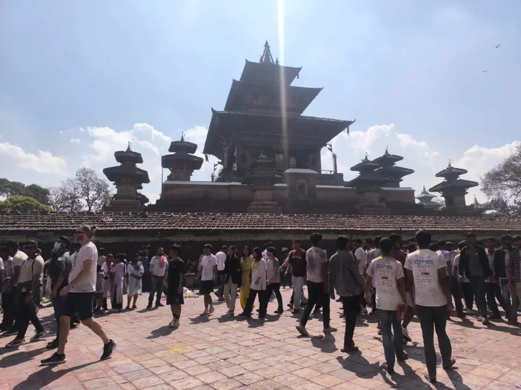 Holi celebration at Hanuman Dhoka Durbar Square Basantapur in Kathmandu Nepal.