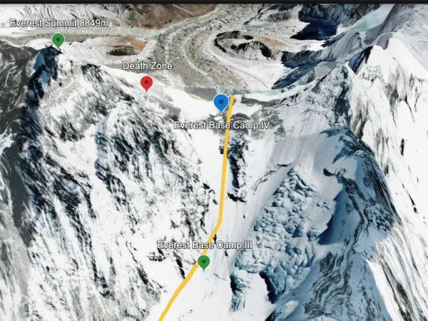 Mount Everest Death Zone route showing Camps I, II, III, IV and summit path on the South Col route